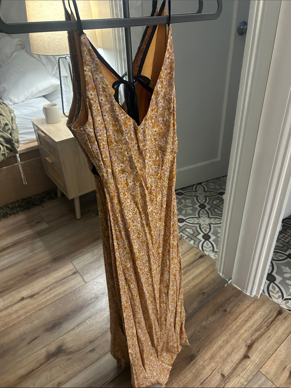 Elodie Mustard Floral Midi Dress with Spaghetti Straps